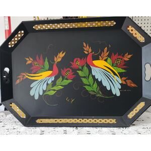 Folk Art Toleware Tray, 26x18, Dot-D 1953, PA Dutch, Bird of Paradise, Lattice
